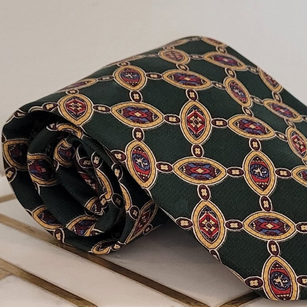 Vintage TOMMY HILFIGER Italian Silk Neck Tie ~ Green/Gold/Burgundy